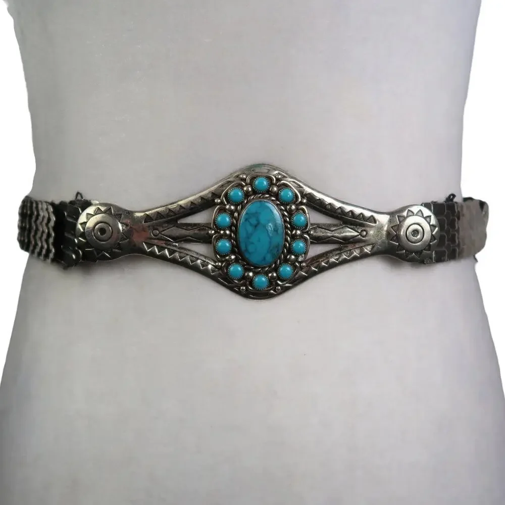 Vintage 80s Silver Nickel Metal Stretch Belt Turquoise Gem Buckle Southwestern